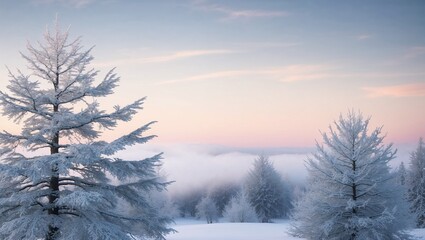 Serene Winter Dawn Landscape with Snow-Covered Trees and Pastel Sunrise