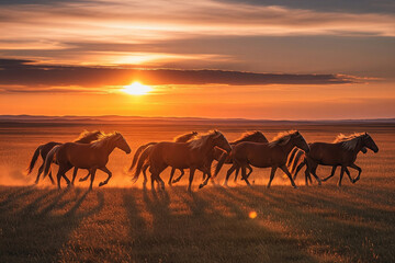 Fototapeta premium herd of horses on sunset