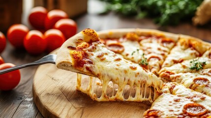 Pizza slice with melted mozzarella cheese