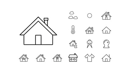 Collection of simple line art icons representing home weather and personal items