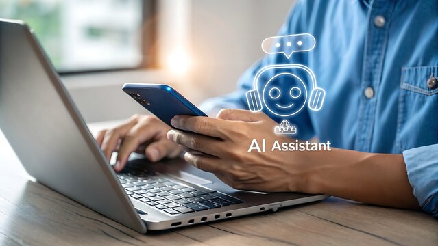 Photo of a person uses a smartphone and laptop while an ai assistant icon is displayed on the screen