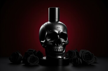 Obraz premium Halloween black matte skull-shaped perfume bottle on a reflective black acrylic base