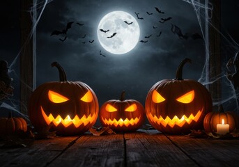 Spooky halloween night with jack o lanterns and bats under a full moon