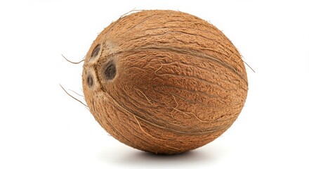 A whole brown coconut with three dark eyes on a white background