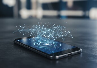 Smartphone displaying a glowing digital network connection and futuristic interface