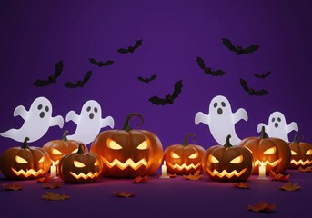 Spooky halloween scene with glowing pumpkins friendly ghosts and flying bats