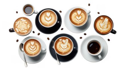 Artistic Coffee Cups Decorated with Beautiful Latte Art Designs: a Visual Treat for Coffee Lovers and Aficionados, isolated on a transparent background