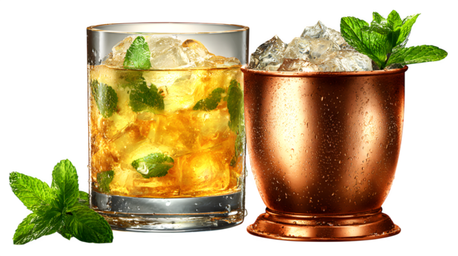 Mint Julep cocktail transparent PNG set bundle, isolated background. Bar menu cocktails in old fashioned glass and steel copper julep cup. Colorful refreshing drink with garnish