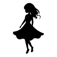 Black silhouette of a girl in a dress twirling on a white background for design and children's decor