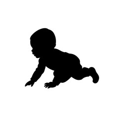 Black silhouette of a crawling baby on a white background for nursery decor and baby shower concept