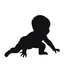 Black silhouette of a crawling baby on a white background for baby shower decorations and nursery art