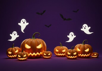 Fototapeta premium Spooky halloween scene with glowing jack o lanterns flying bats and friendly ghosts