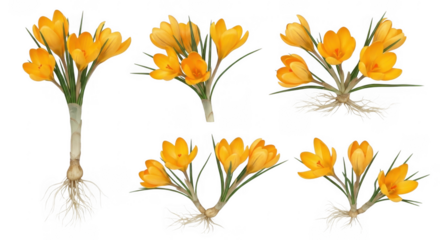 Vibrant Yellow Crocus Flowers with Exposed Roots Perfect for Gardening, Floral Arrangements, and Seasonal Decor, isolated on a transparent background