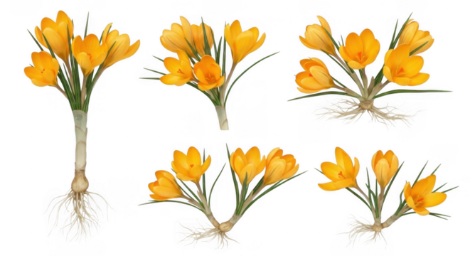 Vibrant Yellow Crocus Flowers with Exposed Roots Perfect for Gardening, Floral Arrangements, and Seasonal Decor, isolated on a transparent background