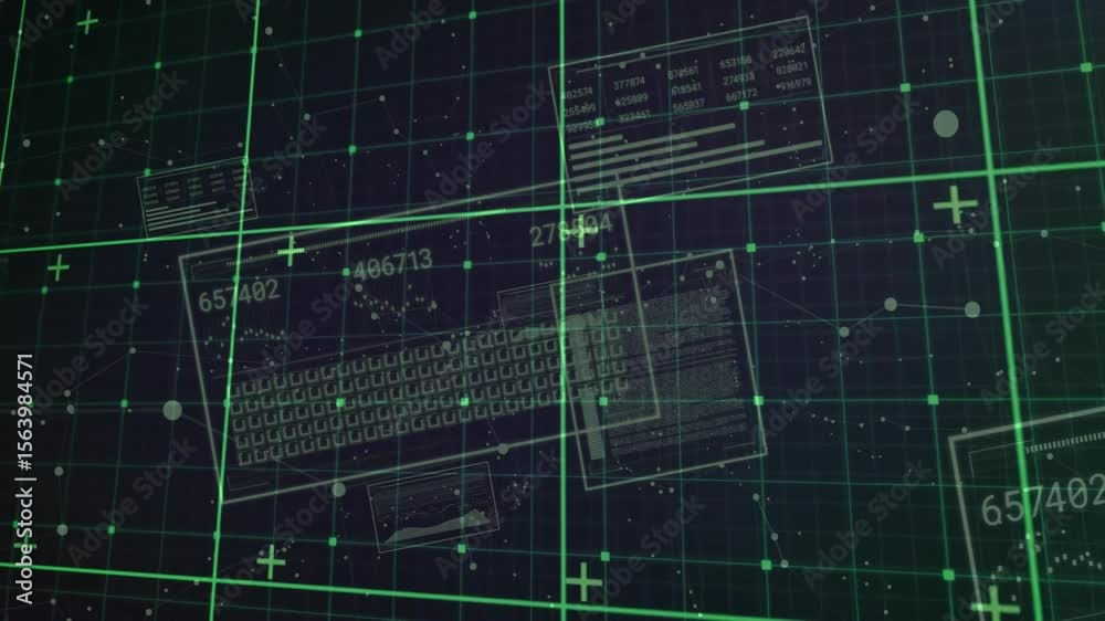 Poster keyboard schematic fading, data panels updating and drifting showing live flow across grid