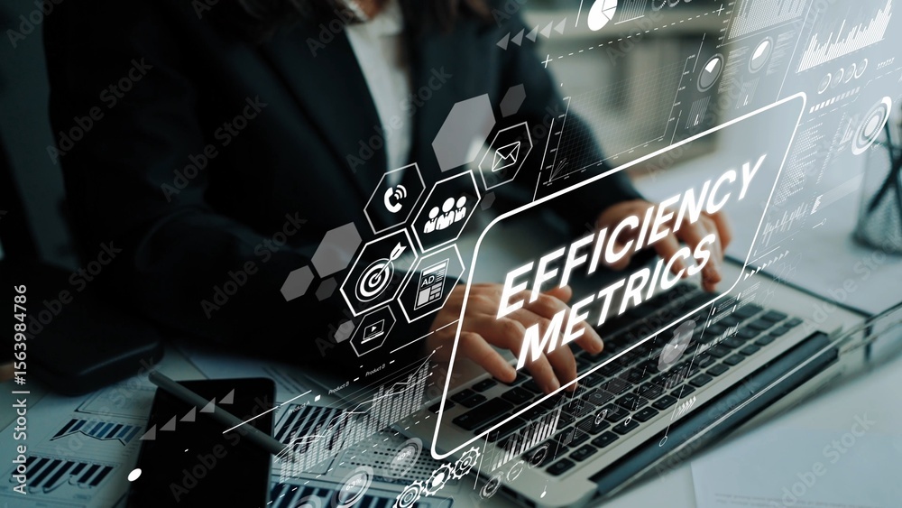 Poster business professional analyzing efficiency metrics on laptop with futuristic digital interface and d
