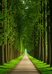 Fototapeta premium Long straight path lined with tall green trees and lush grass in summer