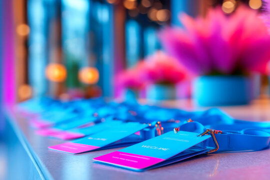 Blue lanyards and name tags arranged on table for event preparation and registration