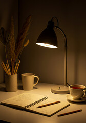 Cozy desk setup with a lit lamp notebook pencils and a cup of tea
