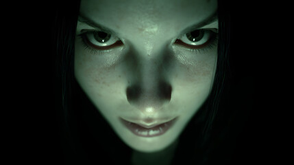 Eerie ghostly figure with piercing eyes and pale skin, creating a haunting and spooky atmosphere perfect for horror-themed projects.