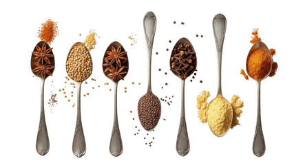 An Array of Spices in Spoons: a Visual Feast of Flavorful Ingredients, isolated on a transparent background