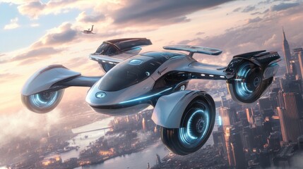 Futuristic air vehicle over cityscape