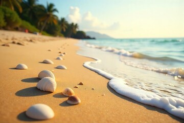 Golden Hour Beach Tranquil Sandy Shore with Gentle Waves and Seashells, Perfect for Relaxation and Escape