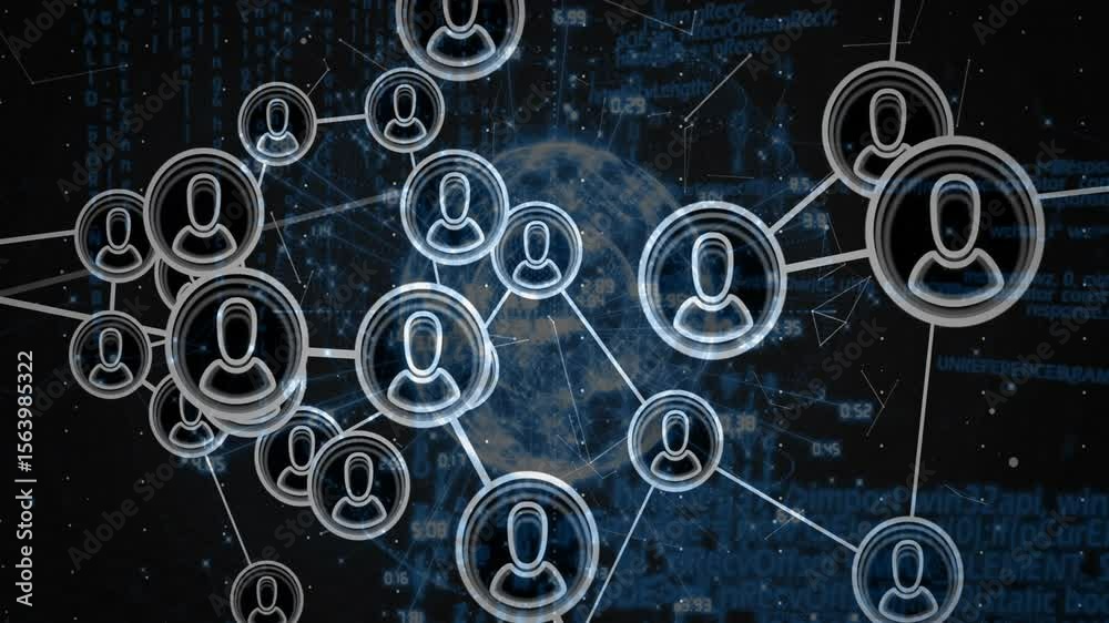 Poster circles drifting into view sparking clustering linking user icon nodes showing network around globe
