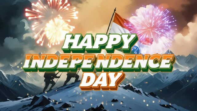 Happy Independence Day, Tiranga, Happy Republic Day. The Indian flag is waving with its vibrant colors and fireworks. Poster, banner, post, template, advertising, sunrise, soldier, mountain, bold text