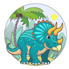 Cartoon dinosaur triceratops on the background of the landscape. Composition in a circle. For children's design of prints, posters, postcards, stickers, puzzles, etc. Vector illustration