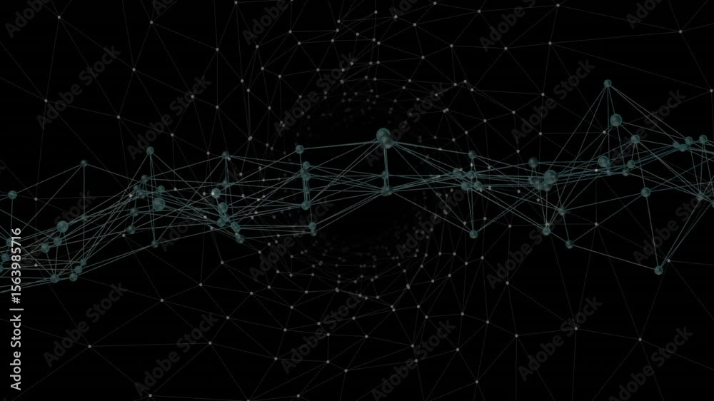 Poster upon loading, teal node mesh shifting and rotating, nodes pulsing to reveal geometric complexity