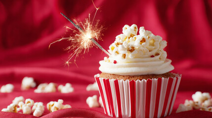 Popcorn cupcake with sparkler in red and white striped cup on red satin curtain background. Cinema birthday concept