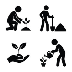 Gardening and Plant Care Silhouette Icon Set Vector Black and White"