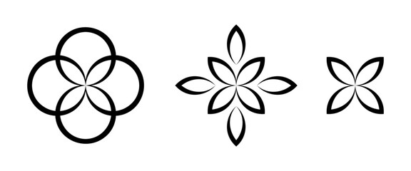 Floral Geometric Elements: A minimalist composition featuring three stylized floral geometric elements in elegant black outlines, ideal for a contemporary design project.