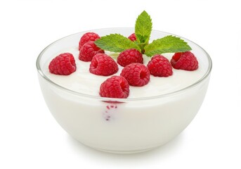 Creamy yogurt bowl topped with fresh raspberries and mint leaves