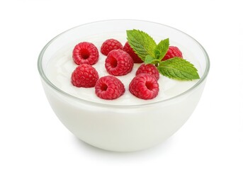 Creamy yogurt bowl topped with fresh raspberries and mint leaves