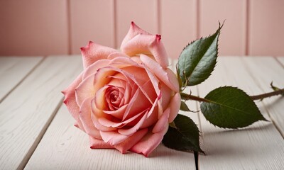 Peach colored rose lying on white rustic wooden planks with pink