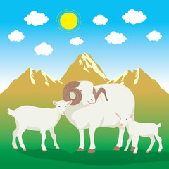 An idyllic scene featuring a serene adult sheep seated between two adorable baby goats, trio stands on green grass backdrop of brown mountains under clear blue sky, fluffy white clouds, a bright sun