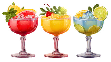 Set bundle of popular vibrant colorful refreshing cocktails PNG transparent background isolated. Well known exotic summer cocktail in coupe saucer glass with garnish