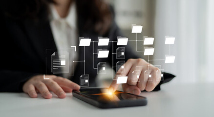 Digital file structure showing folder organization, file hierarchy, and document arrangement. File...