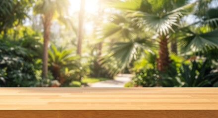 Fototapeta premium Tropical Paradise Sunlit Wooden Table with Lush Palm Leaves Background 