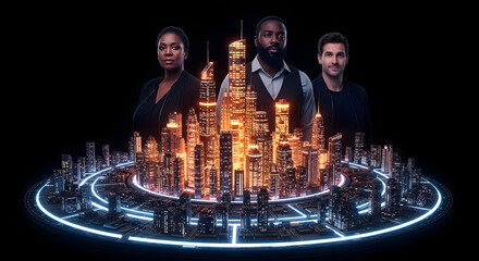 Diverse Professional Business Team Standing Behind Futuristic Glowing Cityscape Model