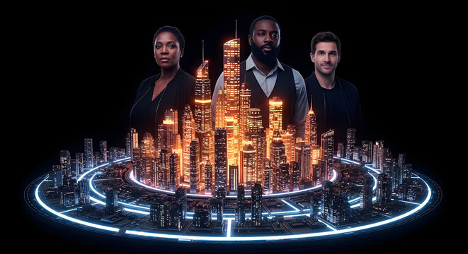 Diverse Professional Business Team Standing Behind Futuristic Glowing Cityscape Model - Powered by Adobe