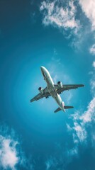 Airplane Flying High in the Clear Blue Sky with Clouds Beneath and Sunlight Illuminating the Scene