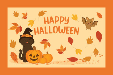 Happy Halloween vector illustration with smiling black cat in witch hat and pumpkin, flying bat, and falling yellow autumn leaves. Fun and festive design perfect for seasonal decorations.
