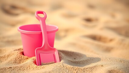 pink plastic shovel and bucket on the beach
