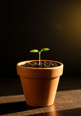 A single green seedling sprouts from rich soil in a terracotta pot