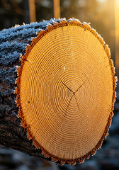 Close up of a frosted tree stump with visible growth rings in warm sunlight