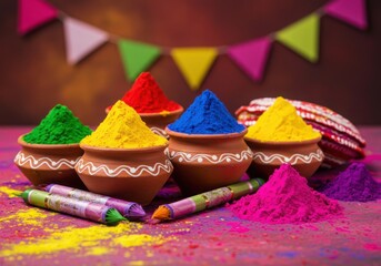 Vibrant holi colors in clay pots with festive bunting and powder colors