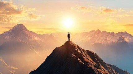 Silhouette figure on mountaintop at sunrise
